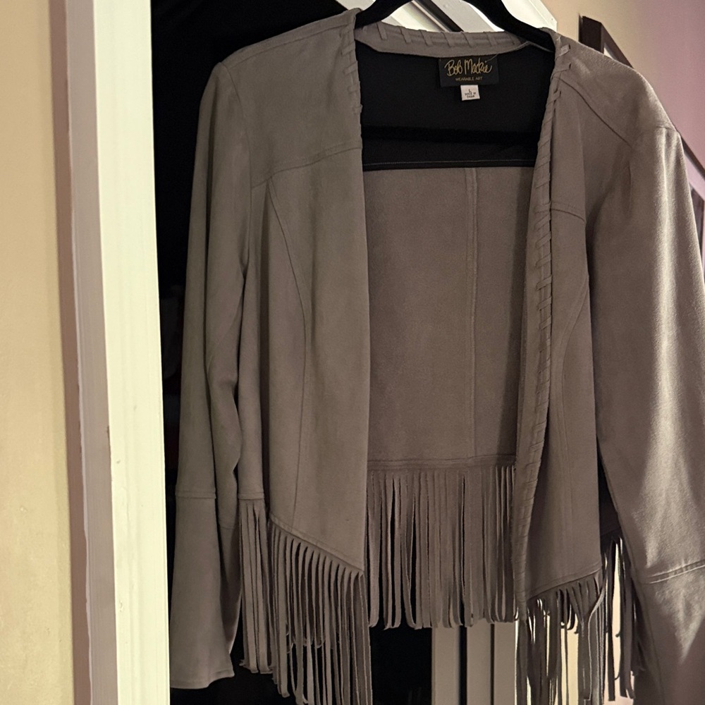 Bob Mackie Gray Suede Fringe Open-Front Jacket